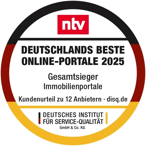 Logo des TV-Senders ntv aus dem hervorgeht, dass immowelt Testsieger im Test der besten Immobilienportal Deutschlands 2024 geworden ist